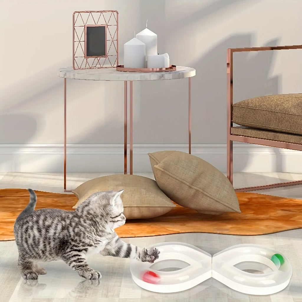 Blue and white cat turntable track ball activity centre with rotating spinner and puzzle feeder