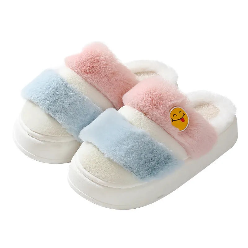Thermal cotton slippers with cashmere lining in pink and green colour combination