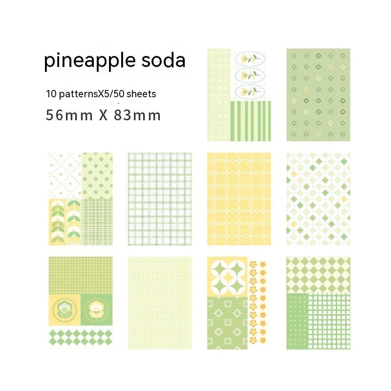 Pack of 50 retro dessert-themed collage note papers in ten colours including caramel puff and blueberry wood sauce.