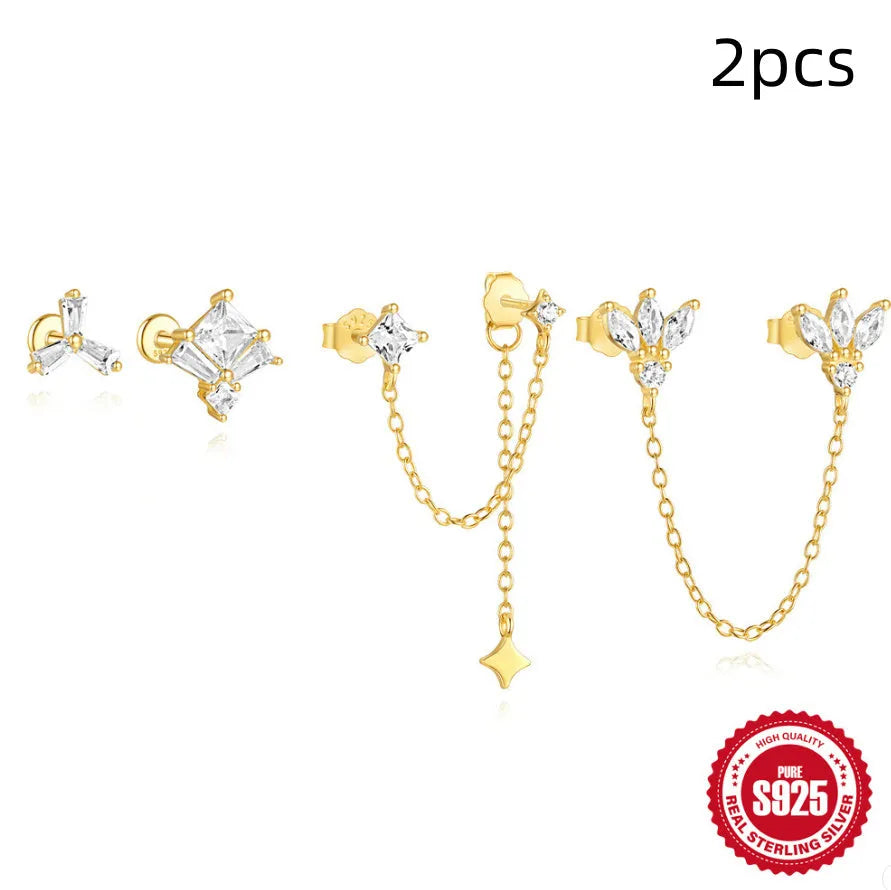 S925 sterling silver zircon geometric stud earrings with gold-plated finishes in clover, crown and chain designs
