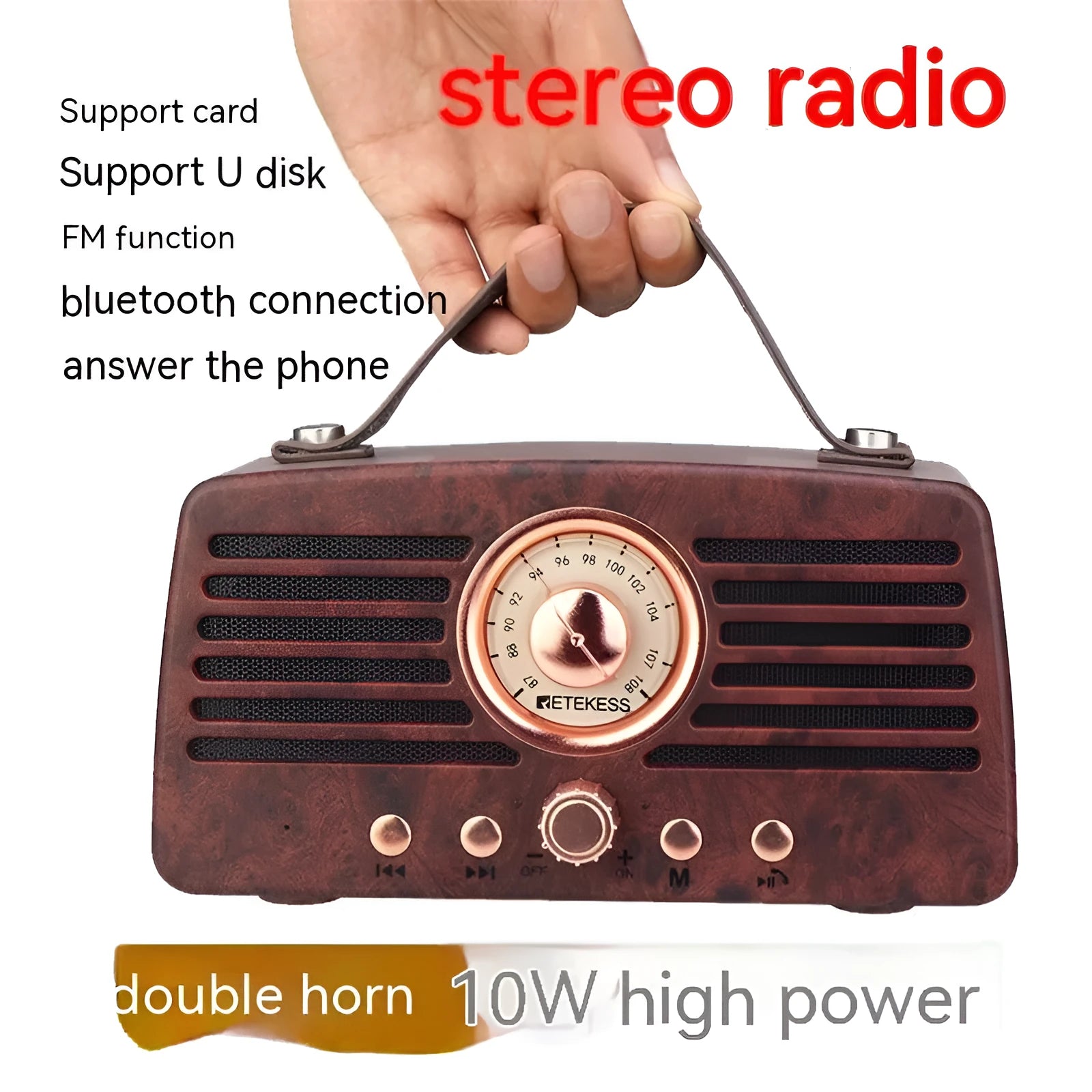 Stereo dual channel rechargeable radio for elderly with USB port and manual tuning dial in compact size