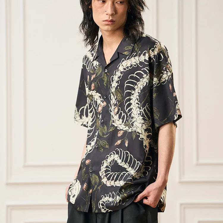 Men's snake bone pattern printed Cuban collar shirt with short sleeves and loose cardigan style