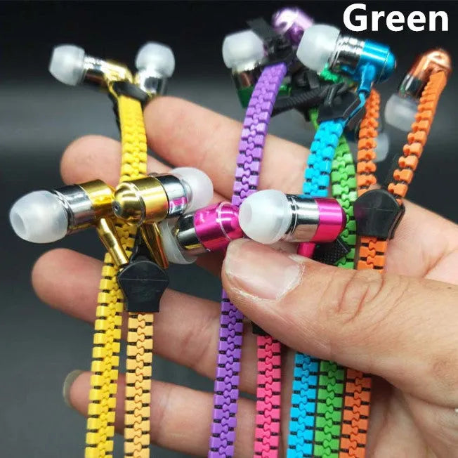 Blue wired earphones with glowing zipper cord, alloy metallic housing, and gold-plated 3.5mm plug
