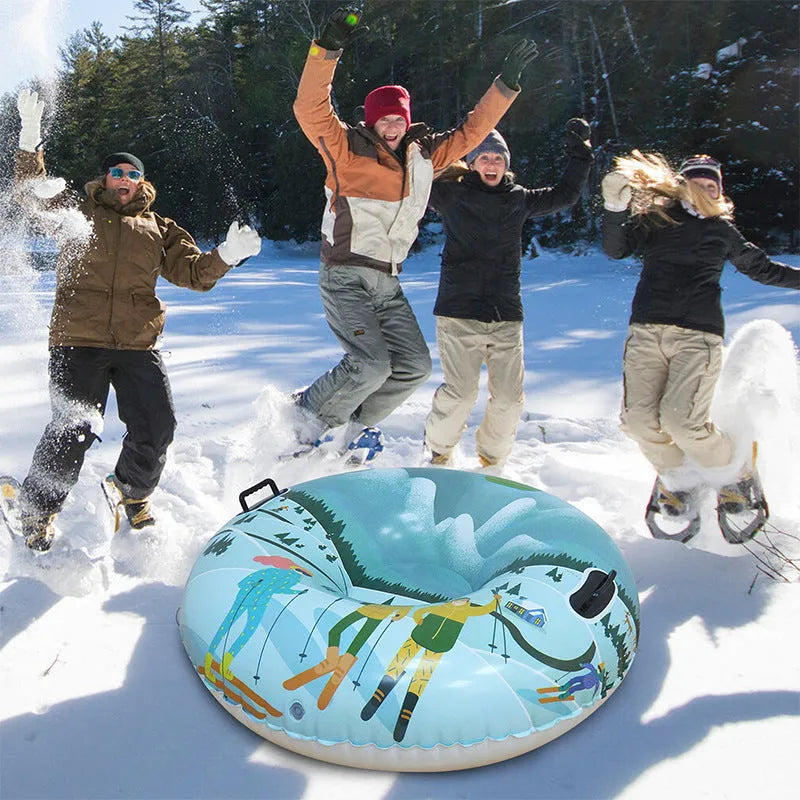Outdoor PVC ski ring toy for snow play in flame red, ice-snow blue, or snow mountain design.