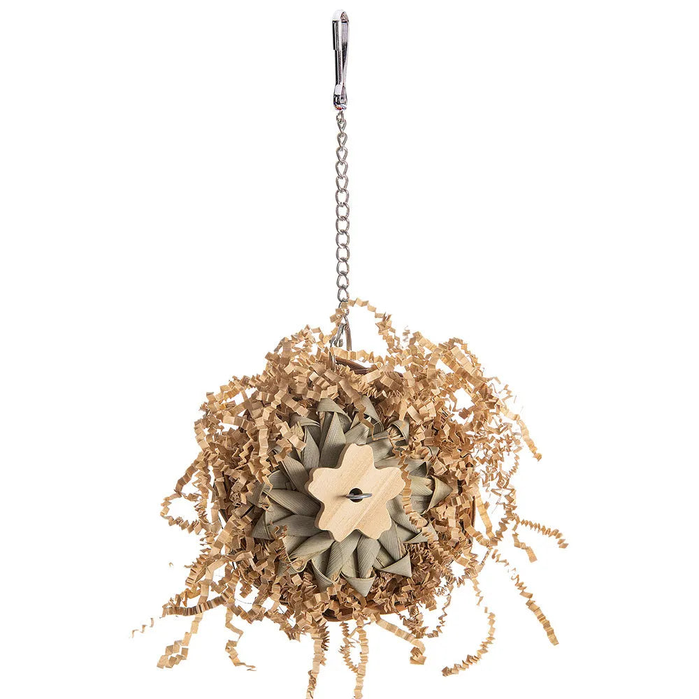 Set of three natural wood gnawing blocks for parrot chewing toy.