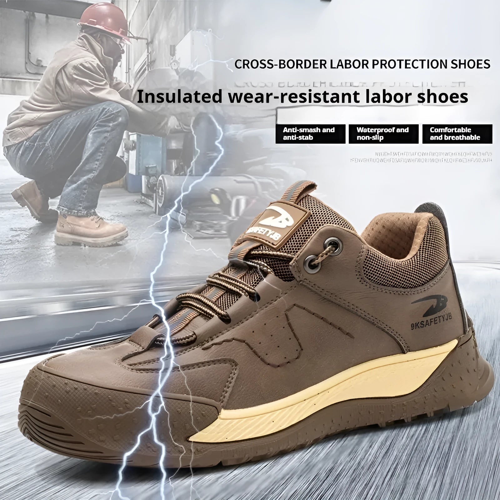 Flyknit leather work safety shoes with rubber sole in black colour, size 42 displayed