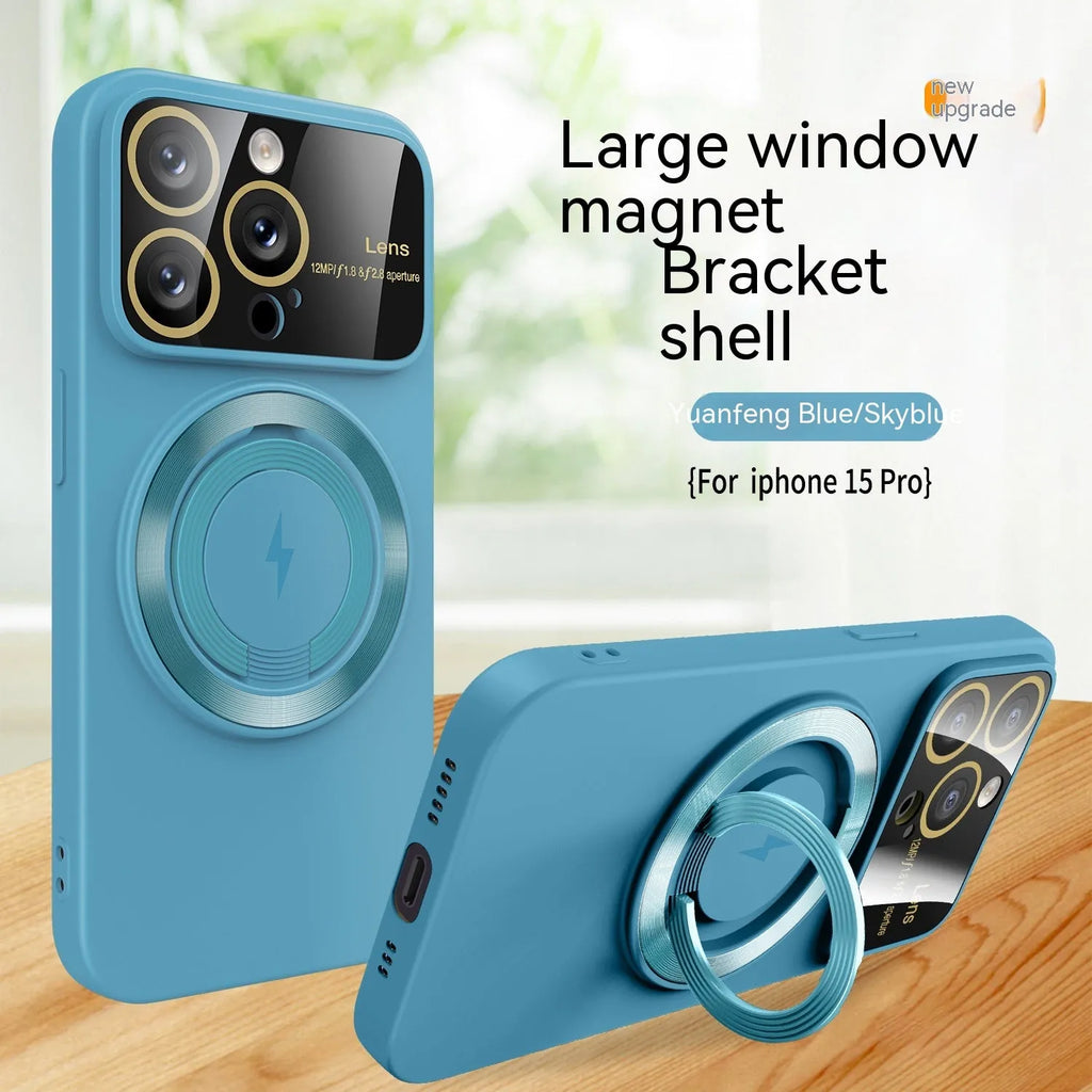 Large window magnetic bracket rotatable ring phone case in TPU with electroplated finish for iPhone