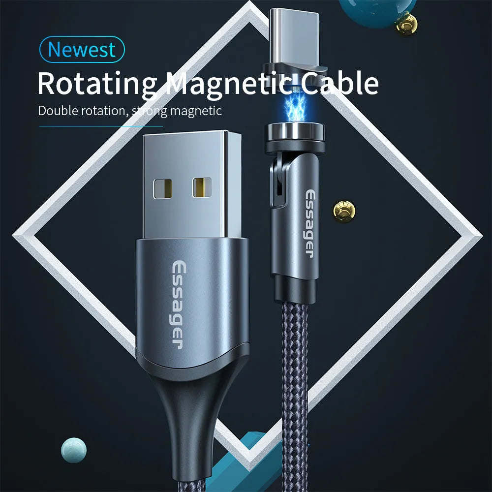 Essager rotating magnetic USB charging cable with blue LED light showing 540° rotation capability