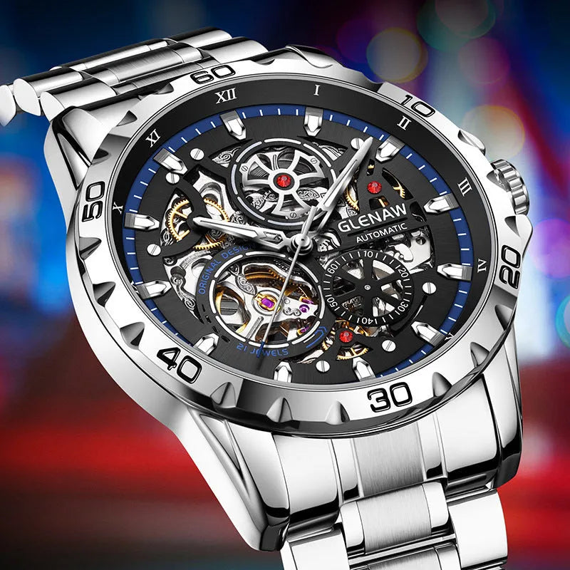 Men's automatic mechanical watch with hollow-out design showing movement through dial and case back