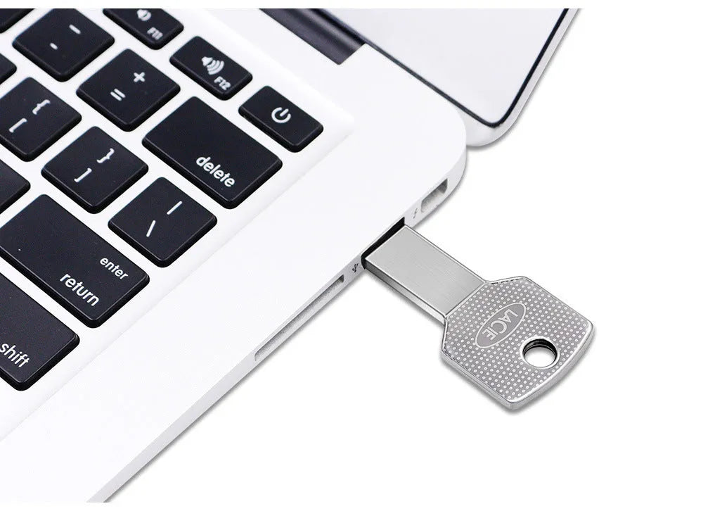 White metal USB 2.0 flash drive with key-style conjoined design, 47.5 x 13.5 x 4.5 mm