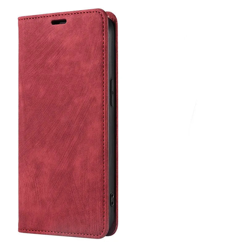 Magnetic flip leather phone case for iPhone in grey, showing front cover closed.