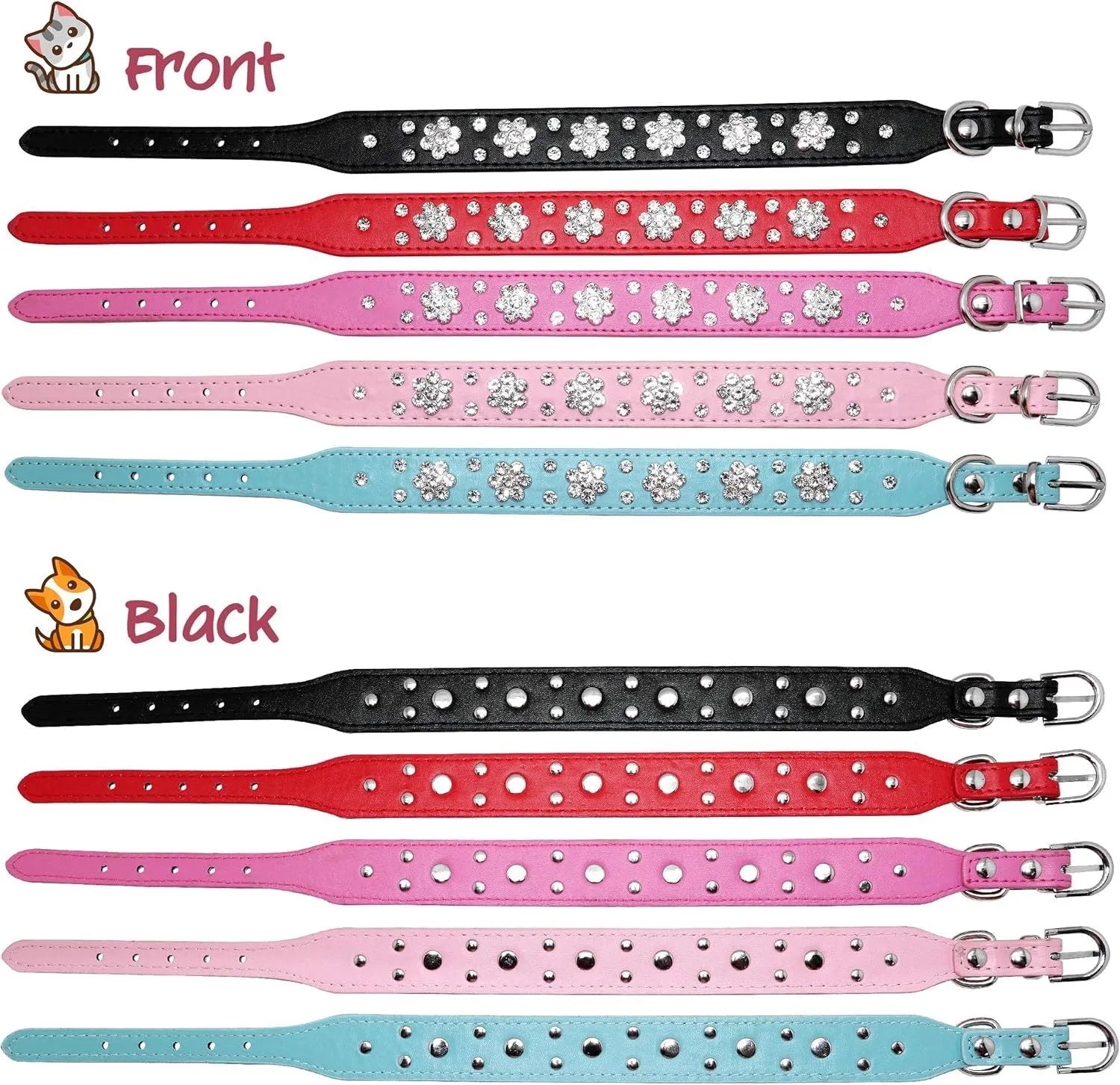 Black PU leather dog collar with sparkling rhinestone flower pattern and metal D-ring