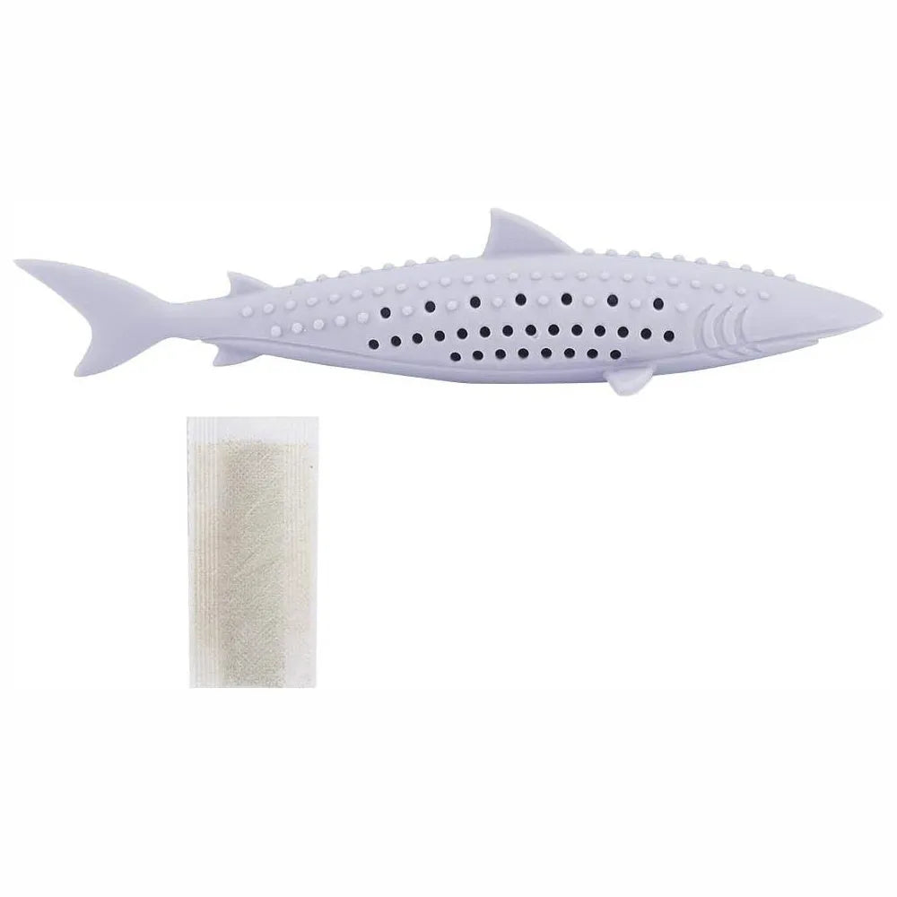 Green silicone fish-shaped cat chew toy with breathable side holes for catnip scent