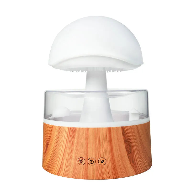 White cloud-shaped ultrasonic humidifier and aroma diffuser with colourful lighting and simulated raindrops