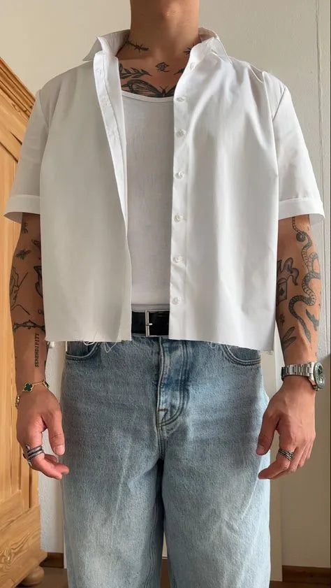 Men's white polyester short sleeve shirt with plain design and cropped top length