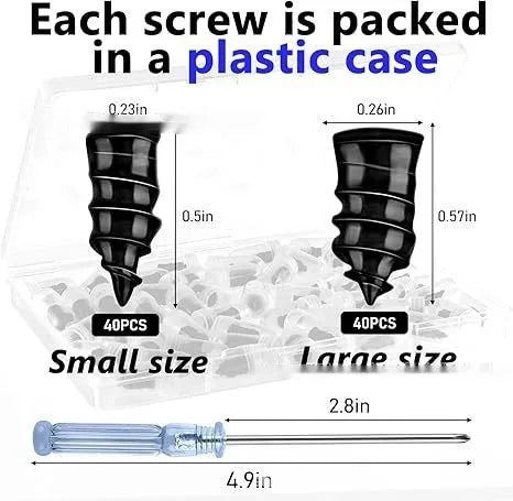 Rubber screws tyre repair kit with 50 large and 50 small screws and black screwdriver on a workbench