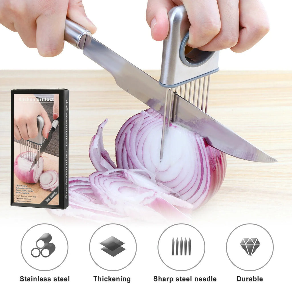 Stainless steel onion holder with ultra-sharp prongs and finger guard protector on a kitchen counter