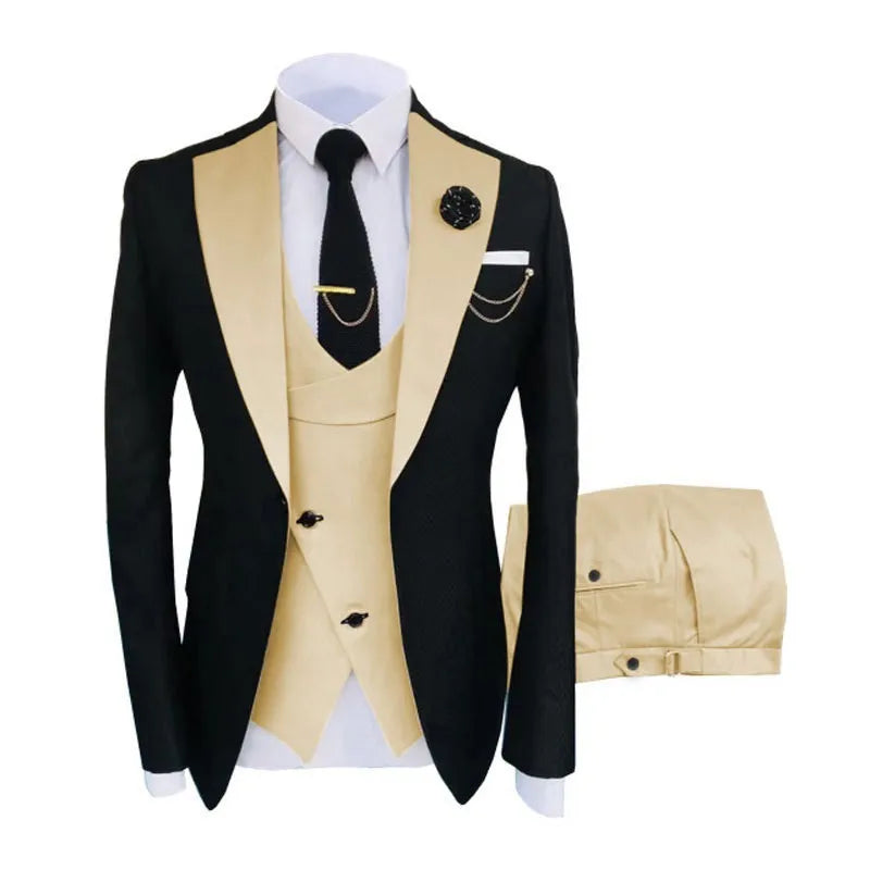 Men's slim fit three-piece business suit with vest in cotton fabric for formal occasions