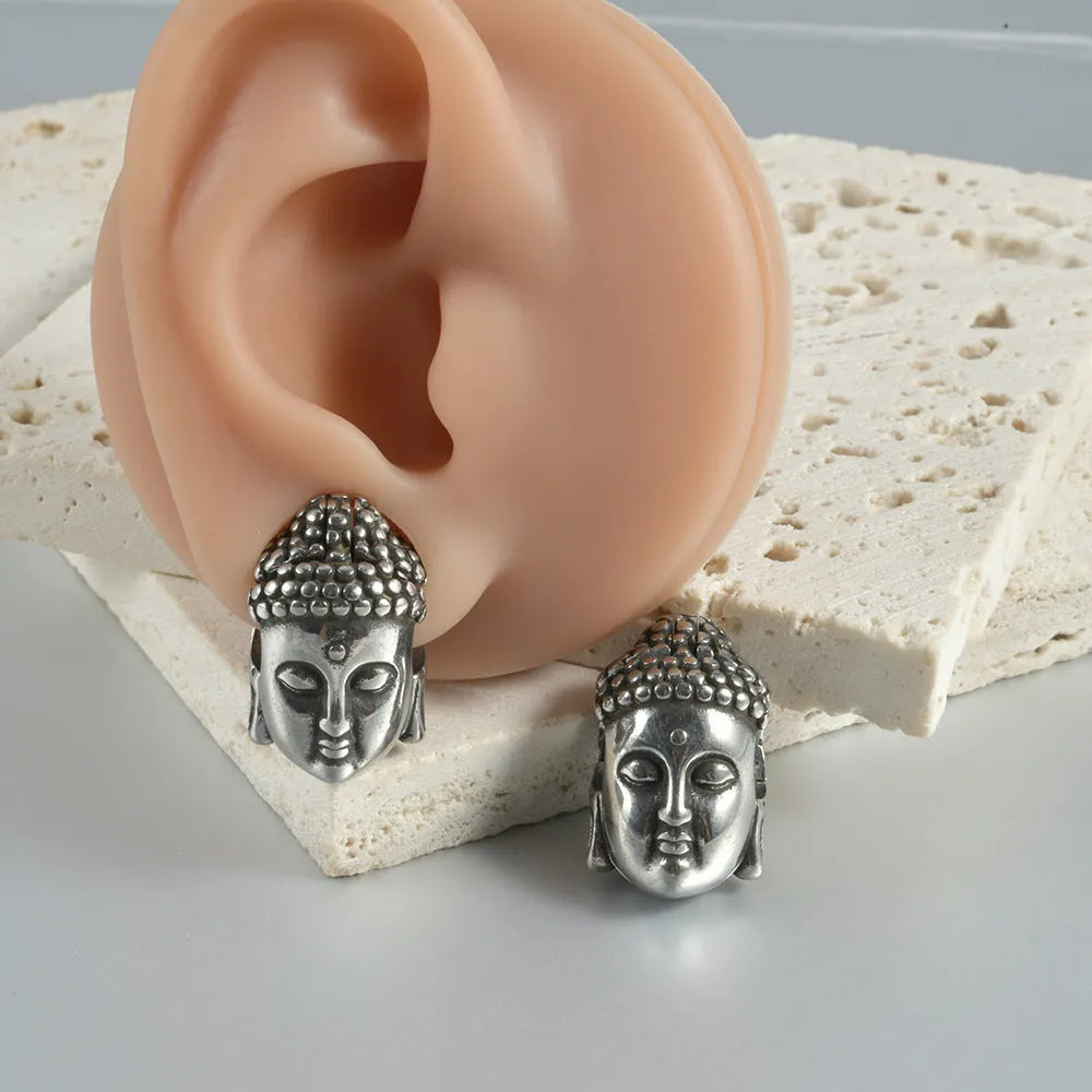 Stainless steel hollow skull Buddha geometric earrings with hip hop style