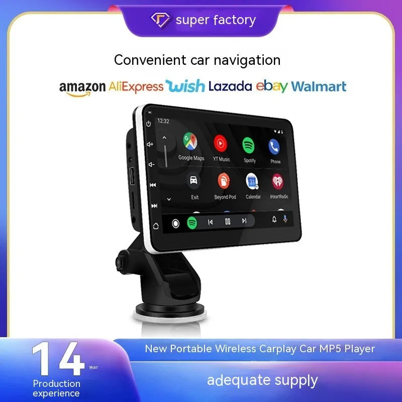 7-inch wireless CarPlay GPS car navigator with universal suction cup mount