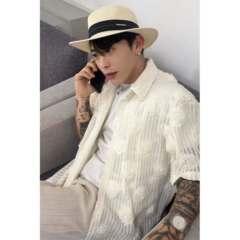 Heavy industry floral print loose fit shirt for plus size men in polyester blend fabric
