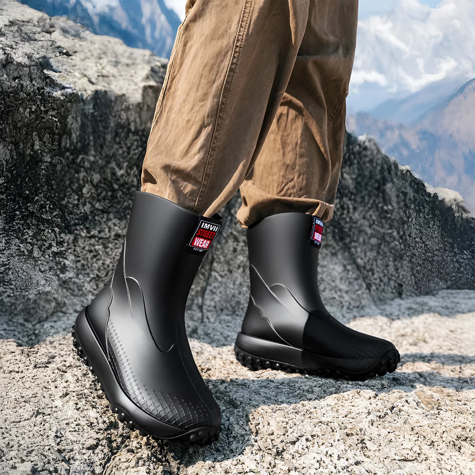 Men's mid tube PVC rain boots in black with non-slip plastic sole, round toe, flat heel
