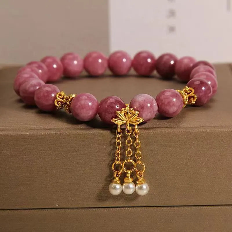 Natural stone women's bracelet with pink lotus tassel and pearl pendant beads in new Chinese style