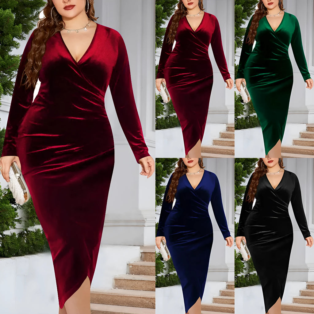 Women's V-neck dress with long sleeves in polyester available in black, blue, green, and red colours
