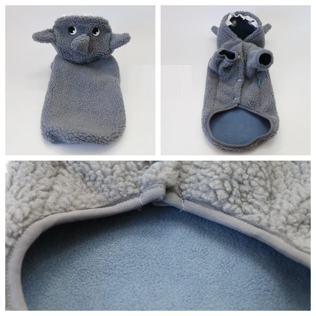 Grey fleece-lined hooded shark sweater for small to large dogs and cats, winter pet clothing