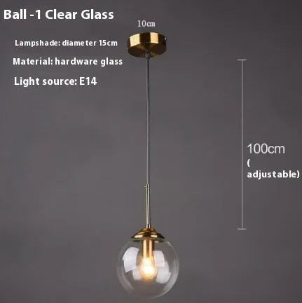 Modern round chandelier with glass balls in a Nordic style, mounted on a ceiling.