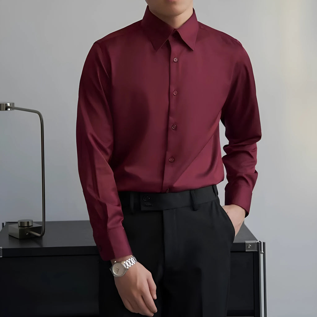 Man wearing a black loose-fit Korean style cardigan shirt with long sleeves and a Japanese retro design.