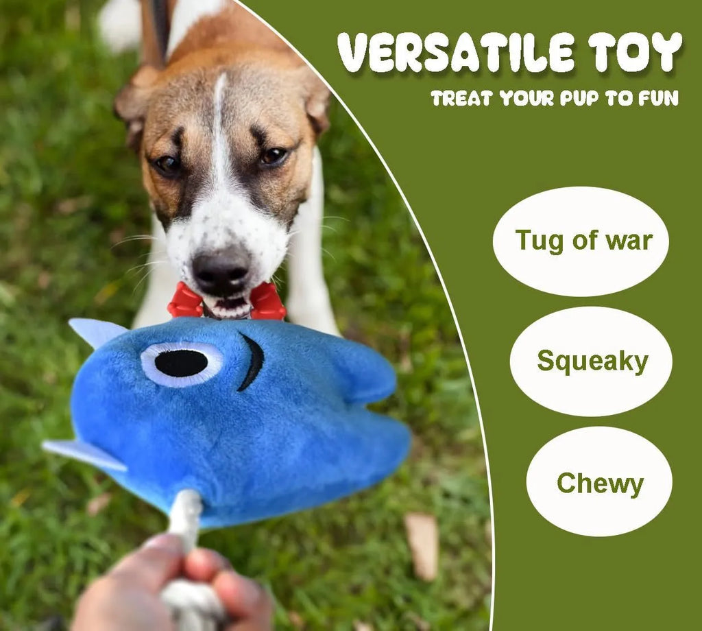 Blue and green plush dog toy with cotton rope segments and squeaker for chewing and tugging