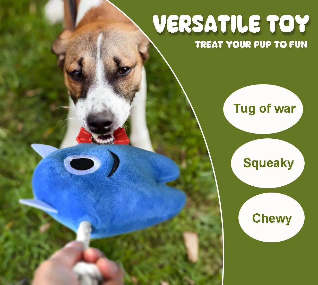 Blue and green plush dog toy with cotton rope segments and squeaker for chewing and tugging