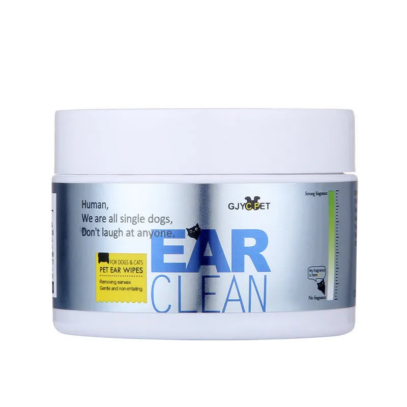 Pet grooming kit with bottles of no-rinse paw wash foam, ear cleaner, deodorant spray, and packs of pet ear and eye wipes.