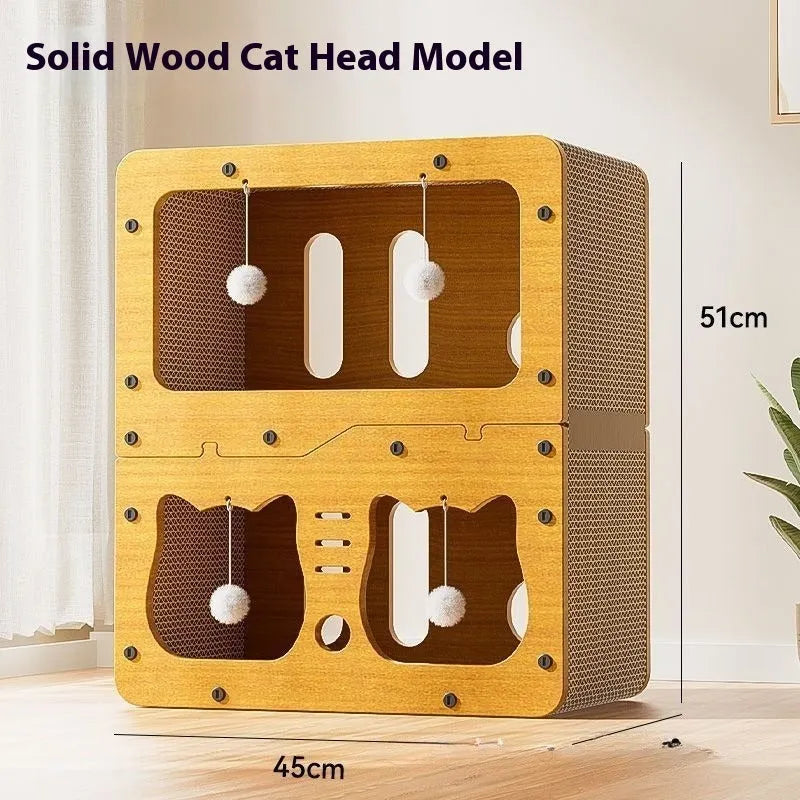 Double layer cat scratching board with integrated nest in owl and cat head design styles