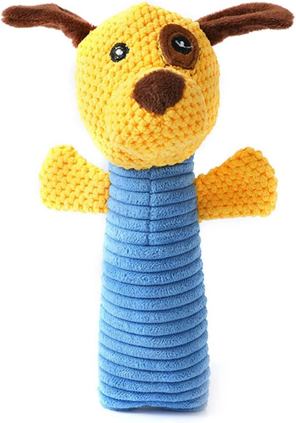 Three dog squeaky chew toys showing calf, frog, and puppy shapes, 19cm long soft plush construction