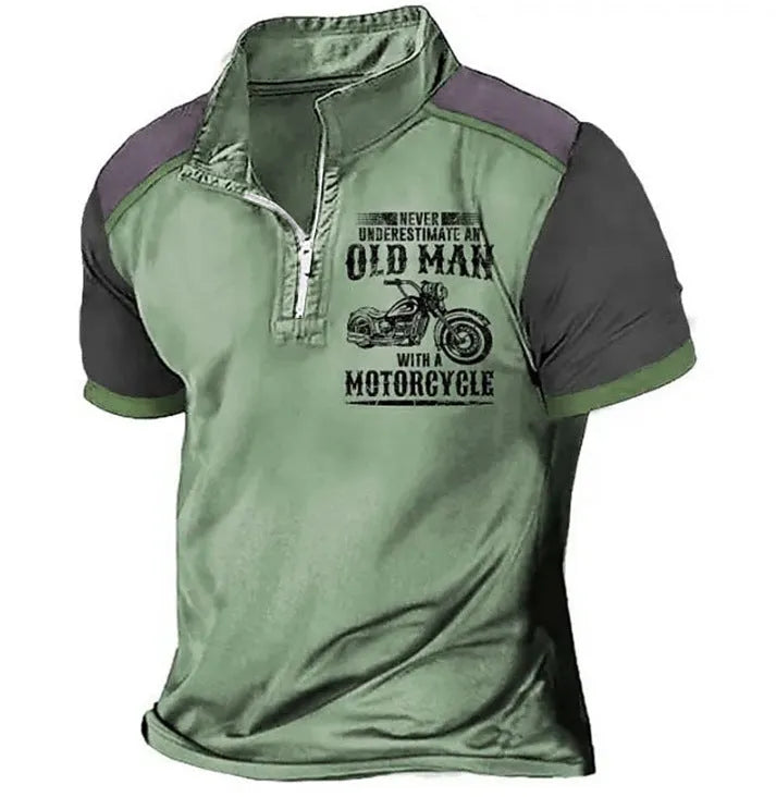 Men's casual polo shirt with lapel, zip decorations, and digital letter print in various colours.