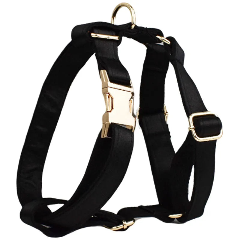 Cloth dog chest strap harness set with collar, leash, and decorative bow accessory in multiple sizes