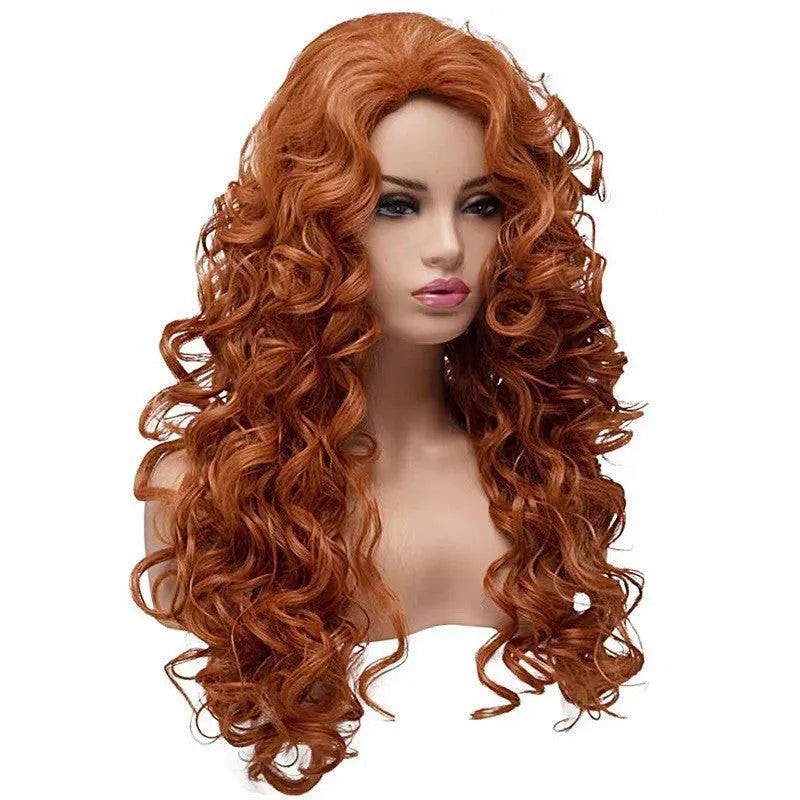 Brown long wavy curly costume wig on display head for Halloween and cosplay