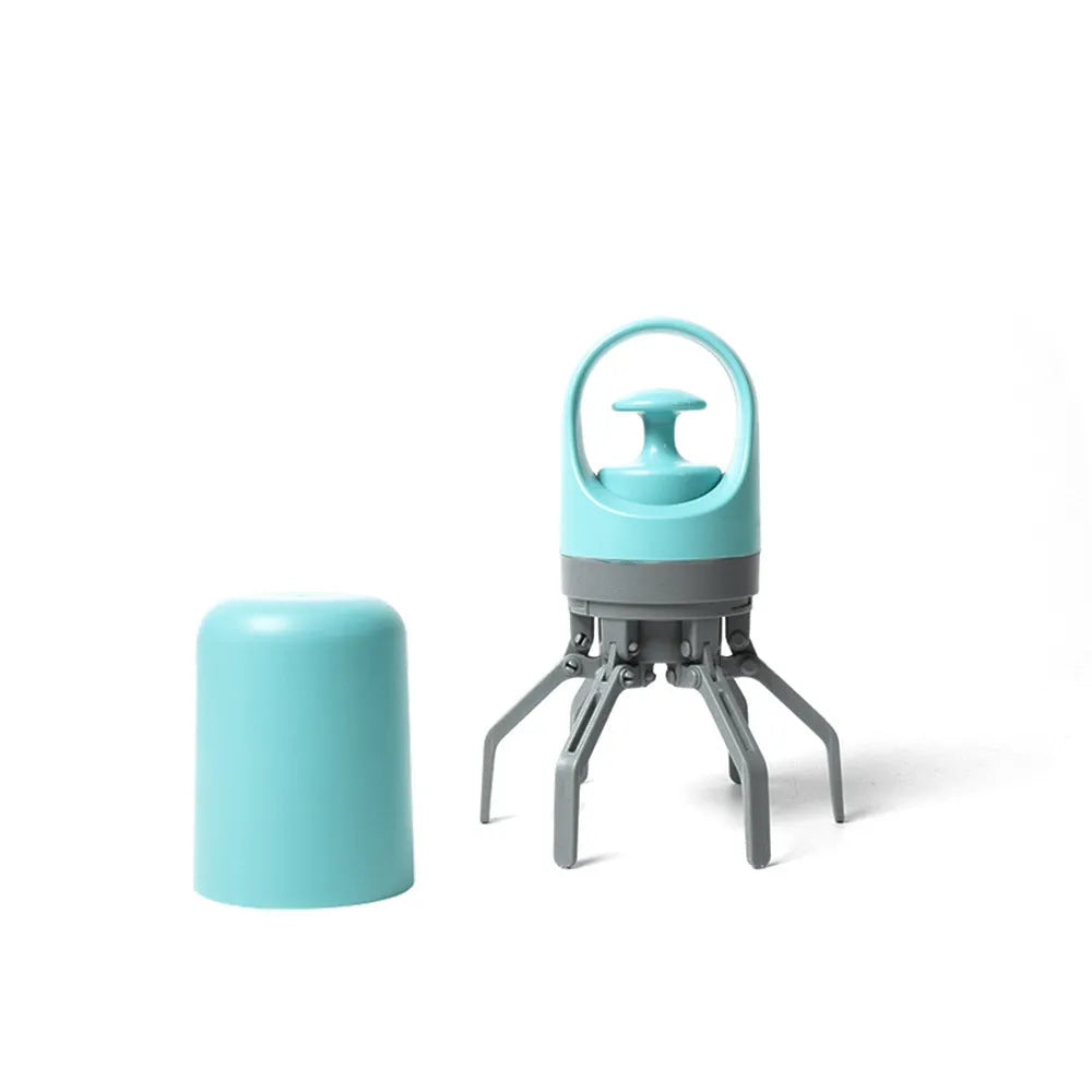 Blue plastic pet pooper scooper with claw mechanism and built-in garbage bag dispenser for outdoor waste collection