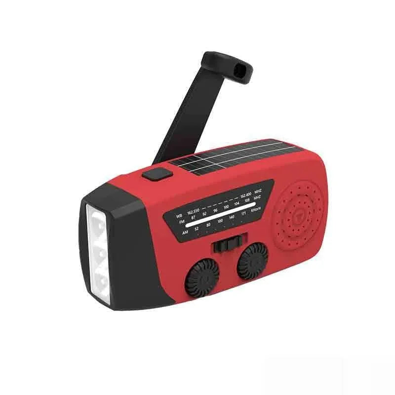 Red rechargeable emergency radio torch with AM/FM receiver, LED flashlight, and wrist strap