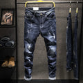 Men's slim-fit blue jeans with micro-elastic denim fabric on hanger