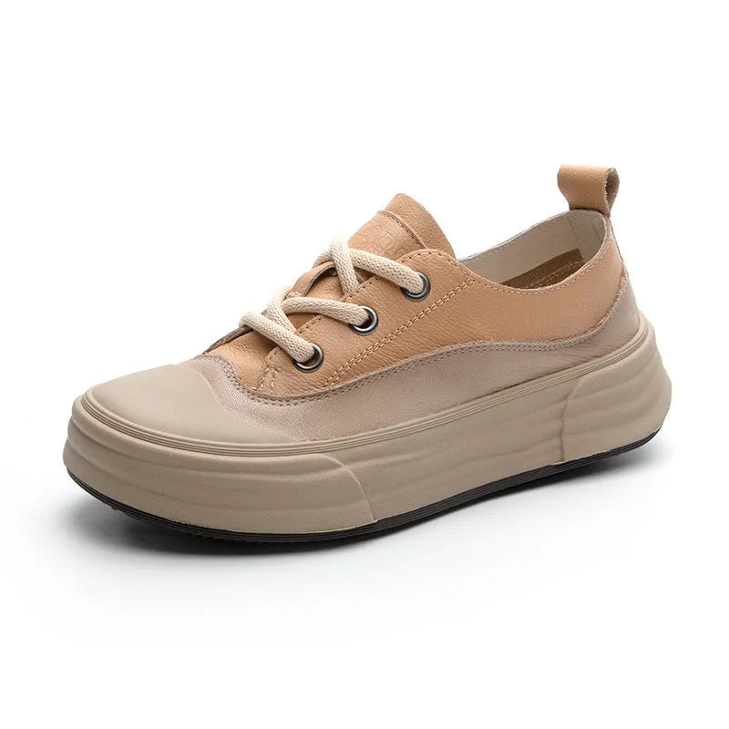 Women's leather platform sneakers in matcha green, purple, and orange colours with round toe and lace-up front.