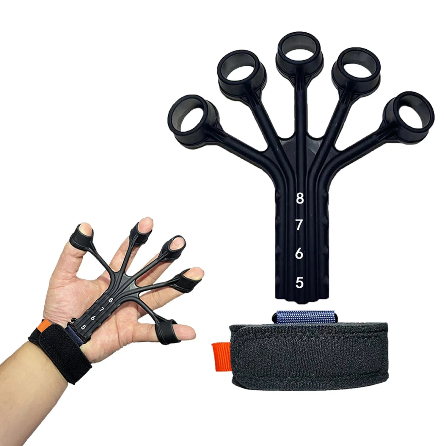 Black and grey silicone finger flexion extension trainer with adjusting belt