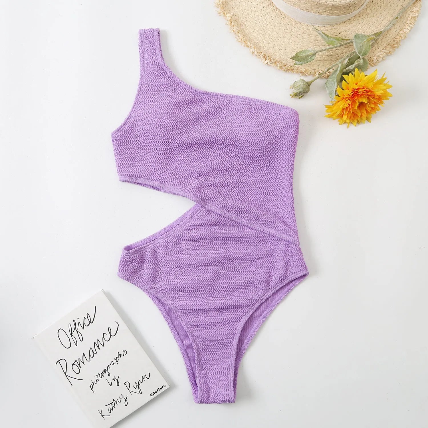 Plain solid colour one shoulder one piece swimsuit for women polyester fabric swimming wading beachwear
