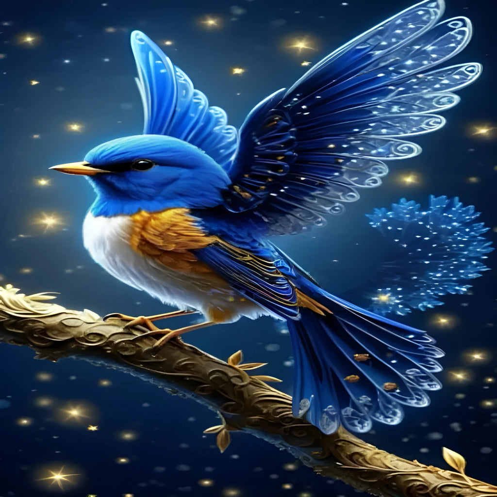 Handmade DIY Blue Bird diamond painting kit showing 60x100 cm canvas and acrylic rhinestones.