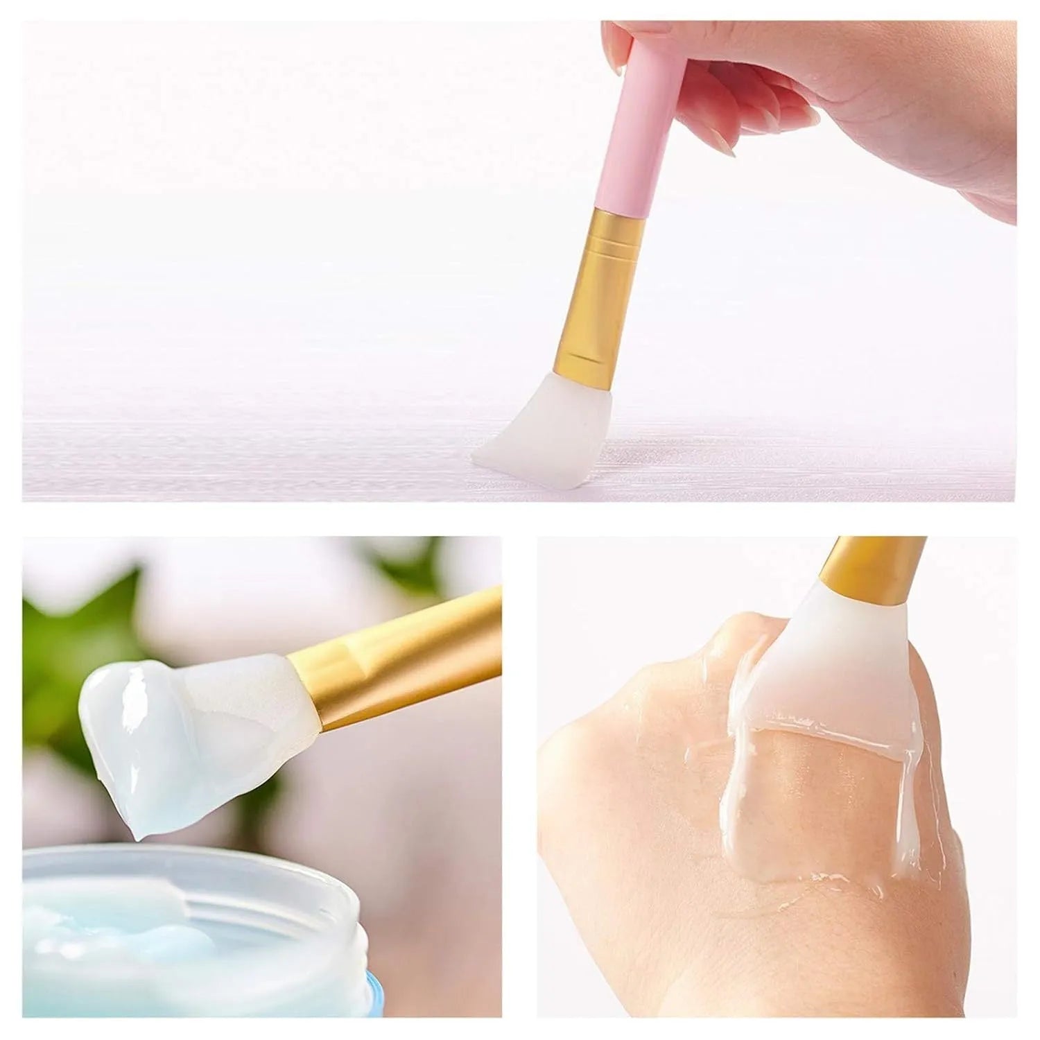 Reusable soft silicone spatula for applying face and body masks in various colours.