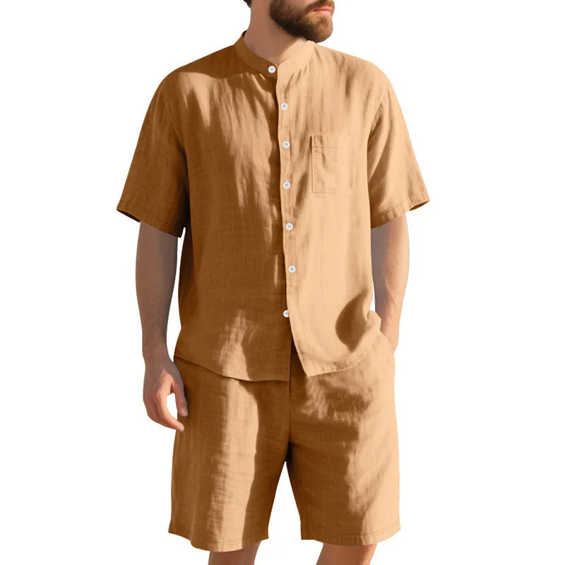 Men's light blue short sleeve linen shirt and shorts two-piece casual suit set on a hanger.