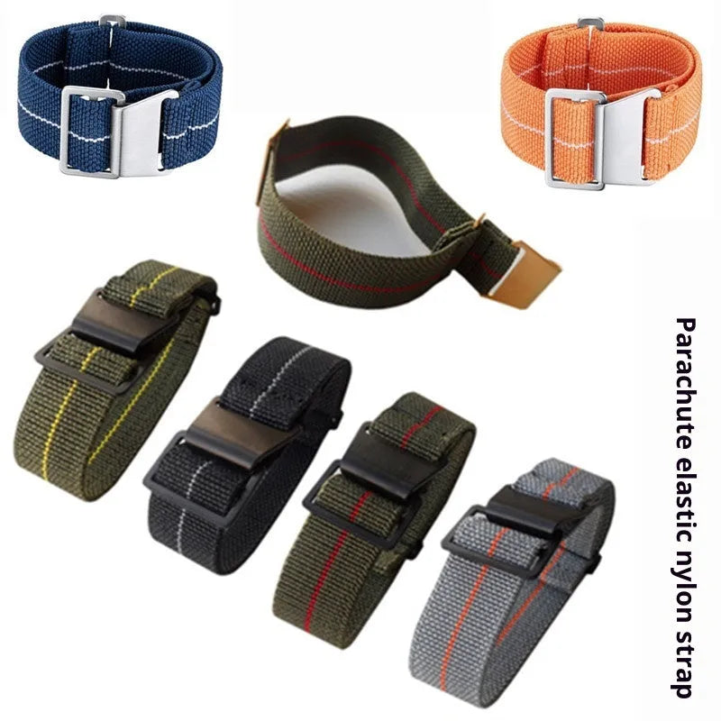 Nylon parachute watchband in green, blue, and black with silver buckle, 18mm 20mm 22mm widths