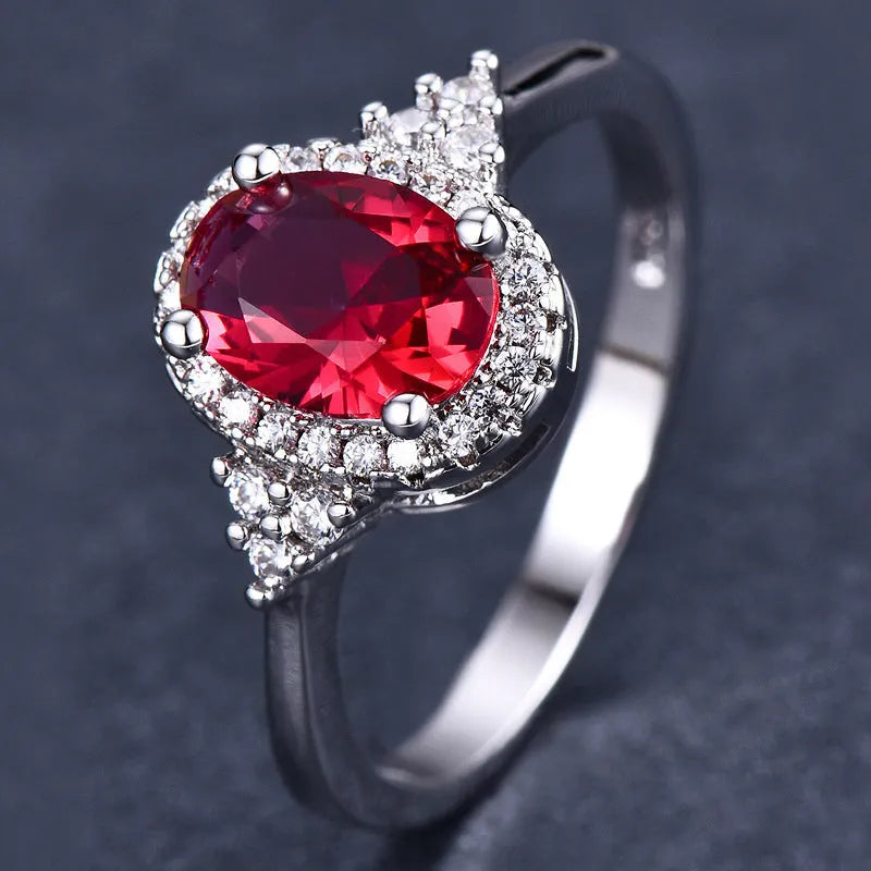 Oval ruby ring with diamond treatment in ruby white gold colour, adjustable copper women's ring